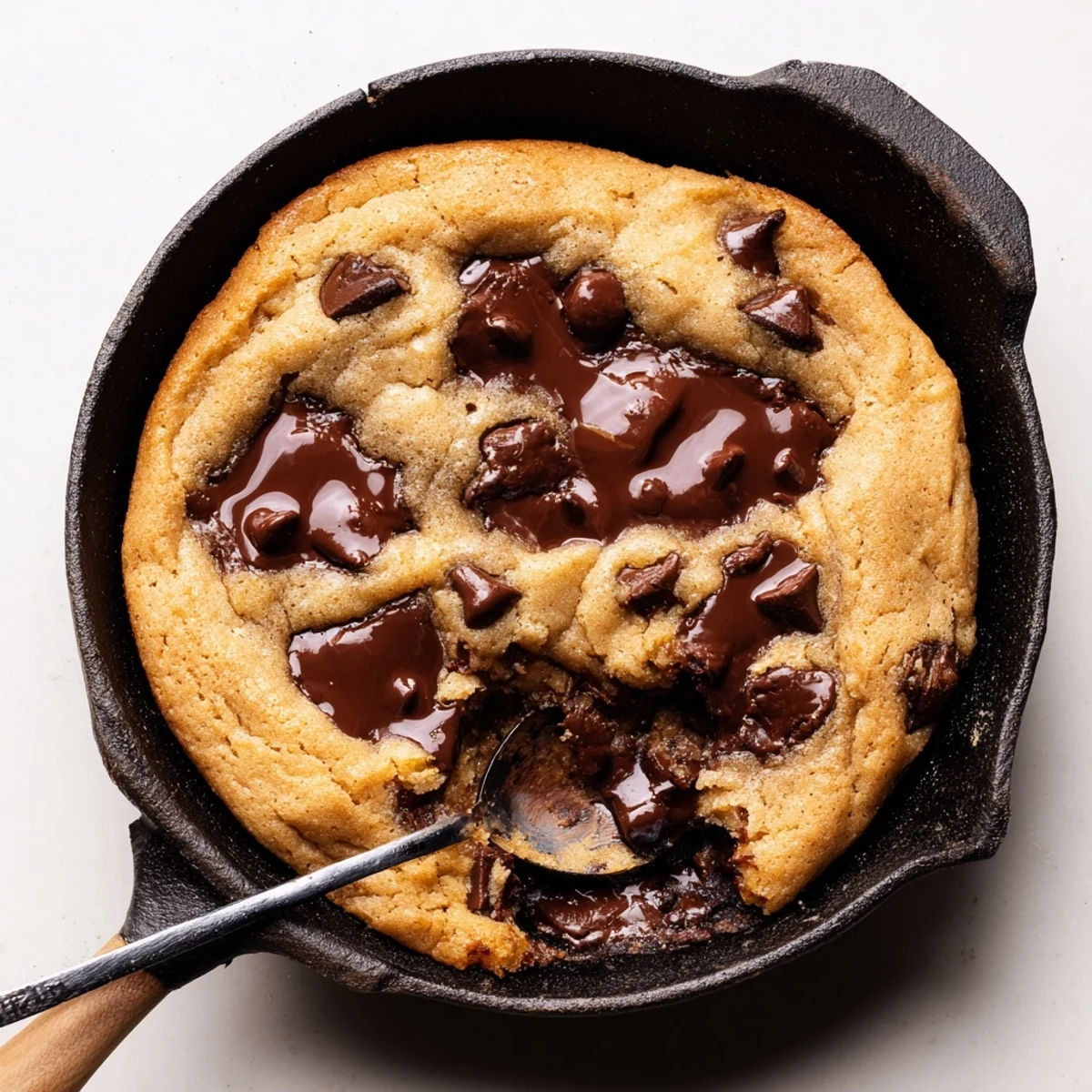 Deliciously baked Skillet Chocolate Chip Cookie topped with ice cream for indulgence.  