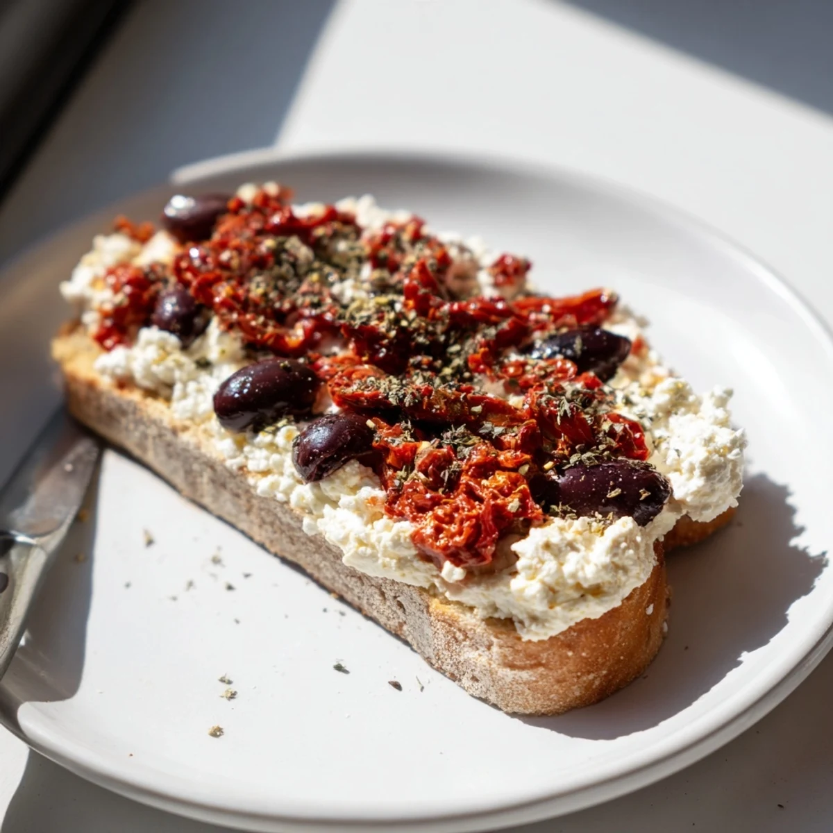 Savory Sun-Dried Tomato Ricotta Toasts topped with olives and oregano, perfect for appetizers.  