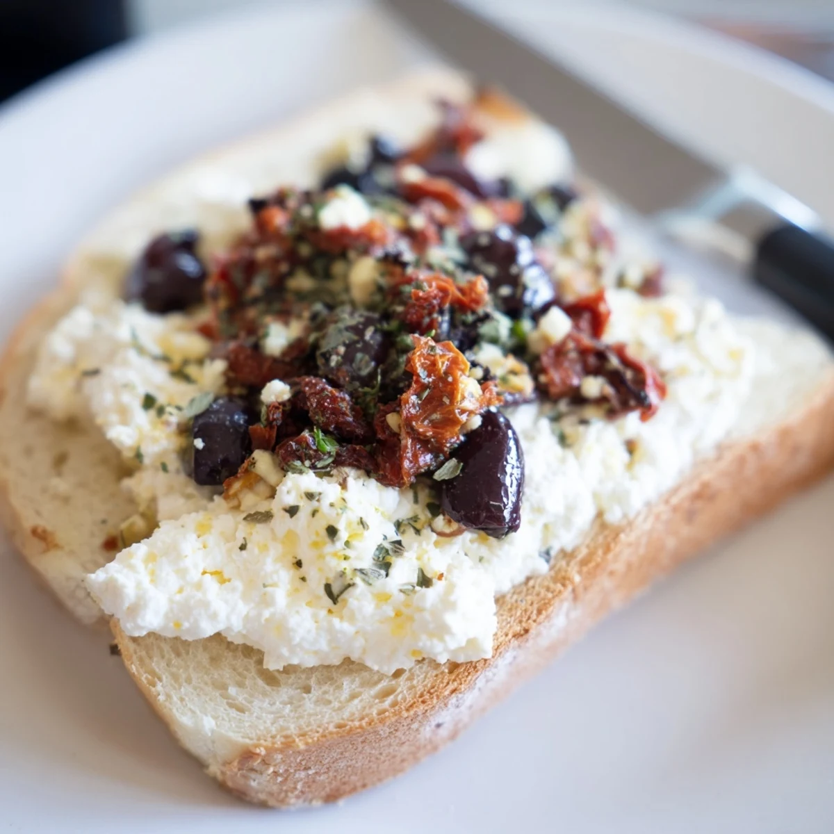 Deliciously creamy Sun-Dried Tomato Ricotta Toasts served on rustic sourdough bread.  