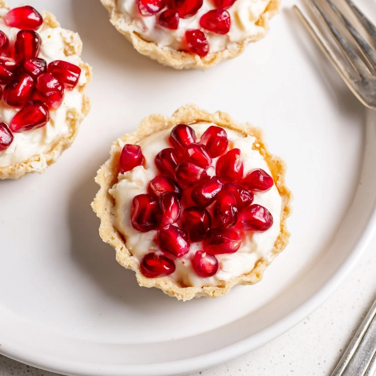 Mini pomegranate cream cheese tartlets topped with vibrant seeds and creamy filling.  