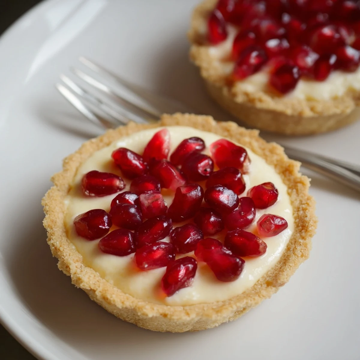 Rich cream cheese-filled tartlets adorned with jewel-like pomegranate seeds for elegance.