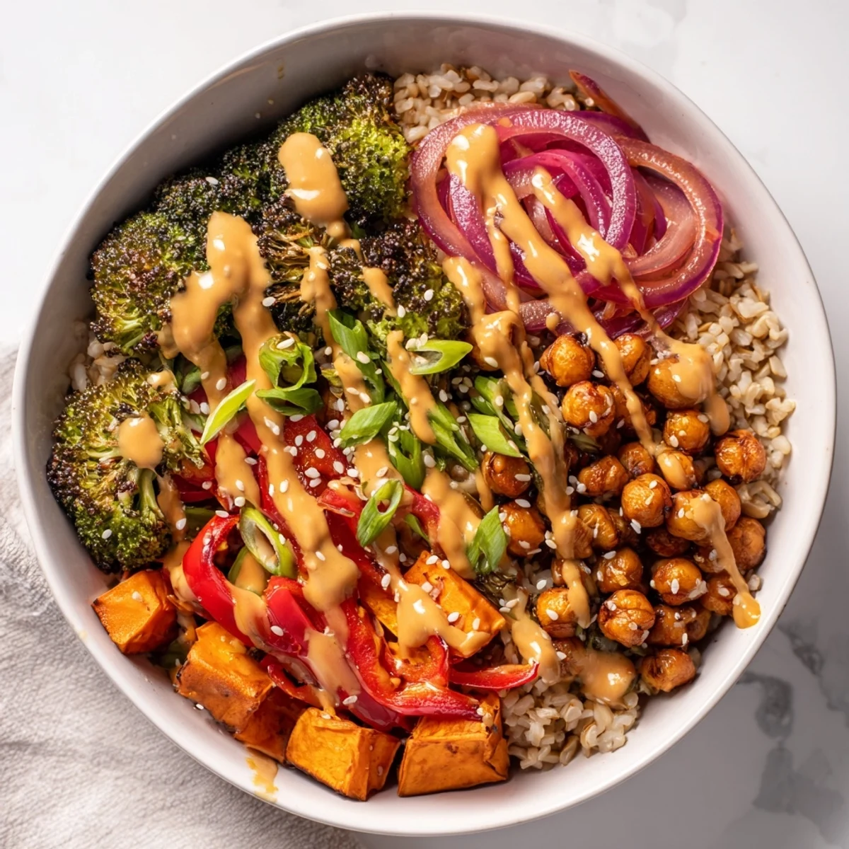 Satisfying Bold Sauce Drizzle Bowls featuring roasted sweet potatoes and chickpeas.