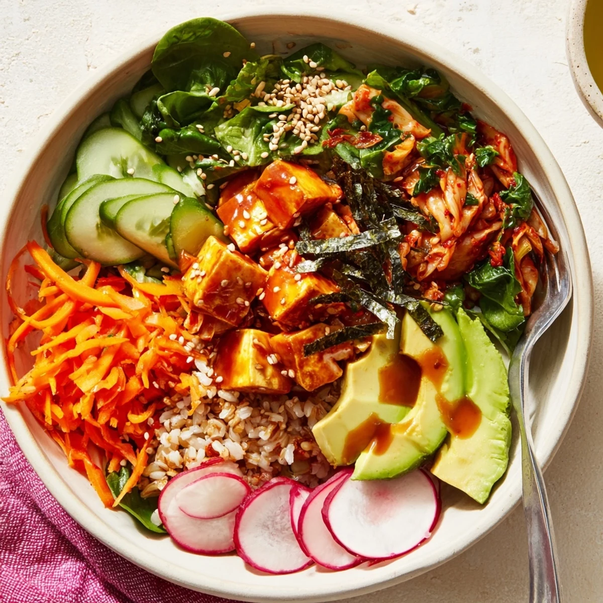 Vibrant fermented vegetable bowl topped with kimchi, fresh carrots, and a sesame dressing.