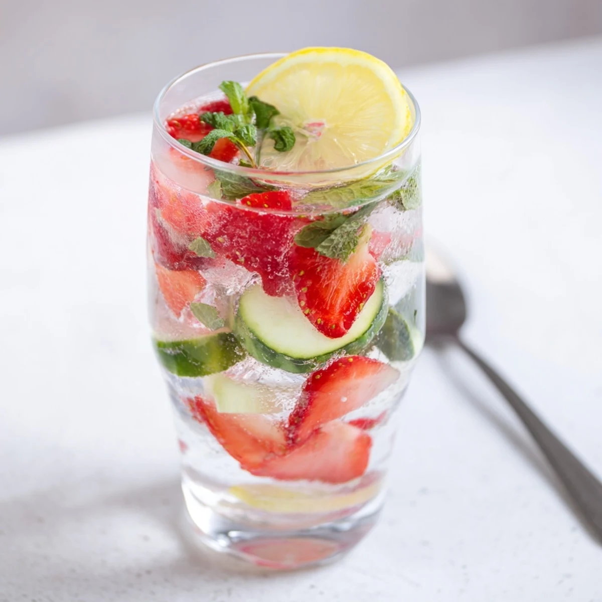 A delightful water-based mocktail featuring strawberries, lime, and fresh herbs served chilled.  