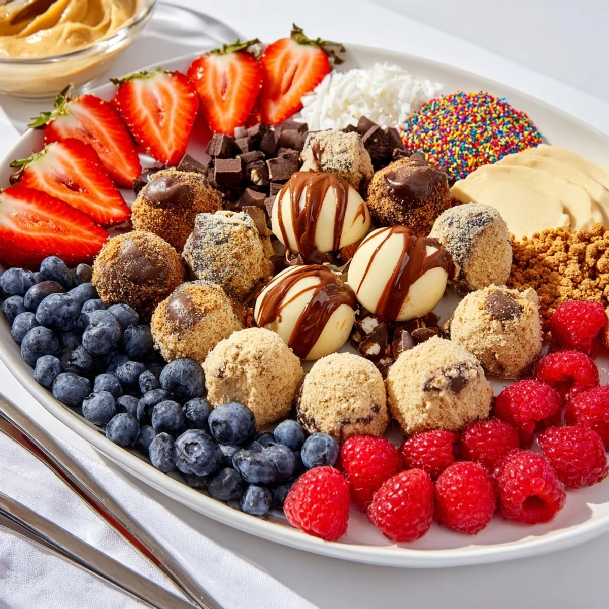 A stunning deconstructed dessert board featuring creamy cheesecake bites and vibrant toppings.
