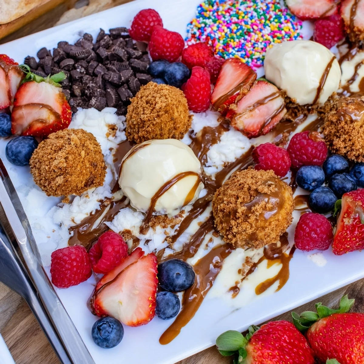 Delicious cheesecake bites await, topped with fresh berries and decadent chocolate sauces.