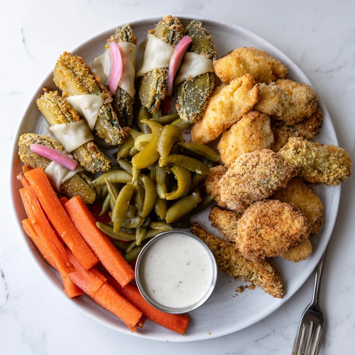 Crispy fried pickles plated with colorful pickled vegetables for the ultimate Pickle Lovers Meal.  