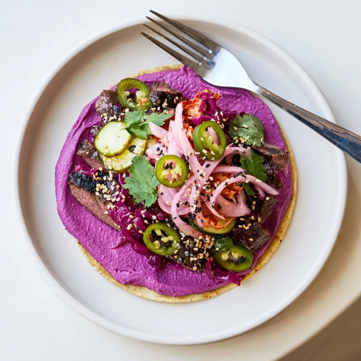 Delicious Global Street-Food Fusion Tacos topped with vibrant ube crema and fresh cilantro.