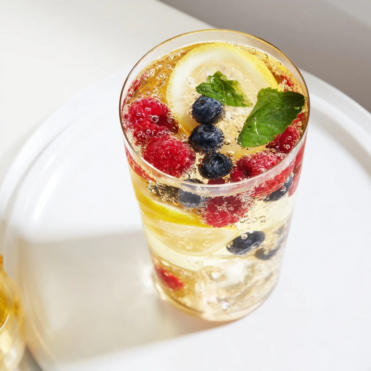 Refreshing homemade kombucha-style mocktails infused with fruits and herbs in glass bottles.  