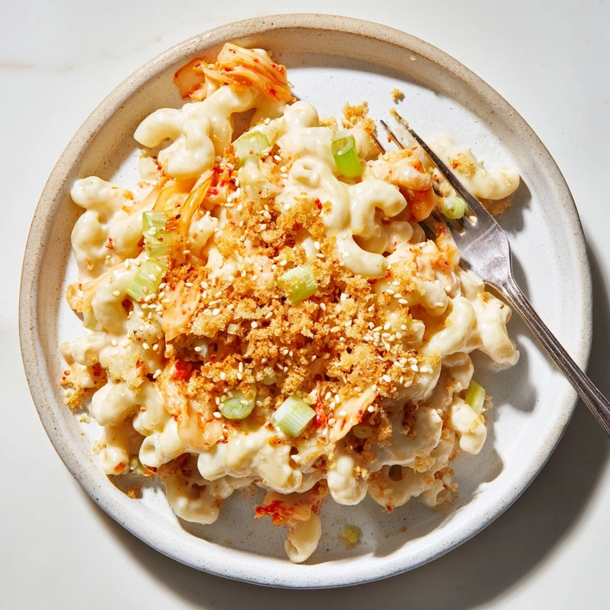 Bowls of Spicy Kimchi Mac & Cheese, bursting with cheesy goodness and tangy kimchi.  