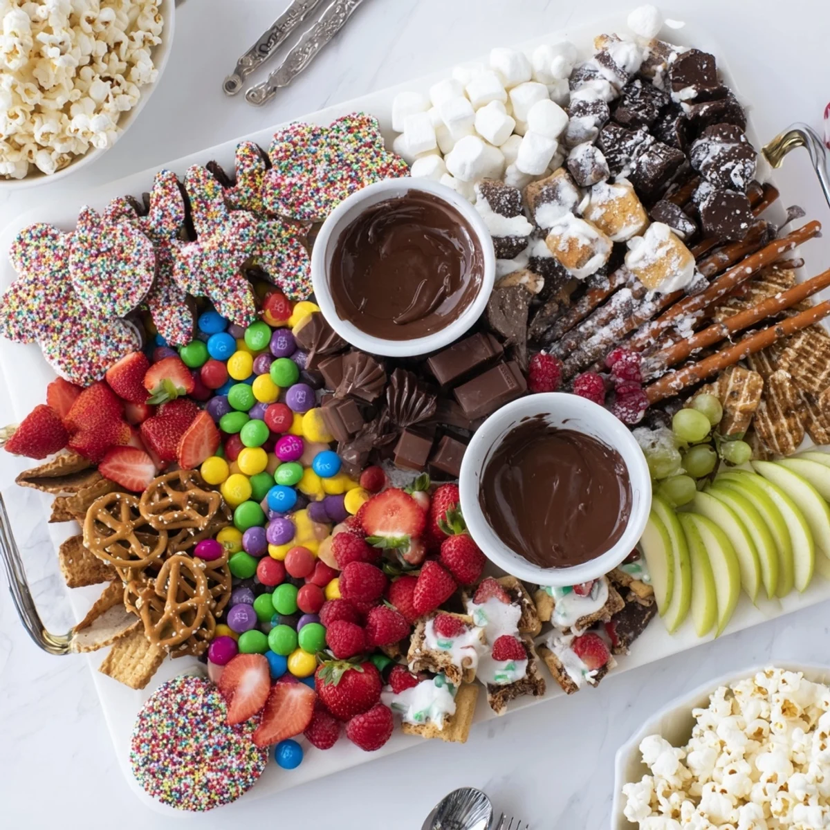 A colorful dessert board with themed snacks and sweet treats for gatherings.  