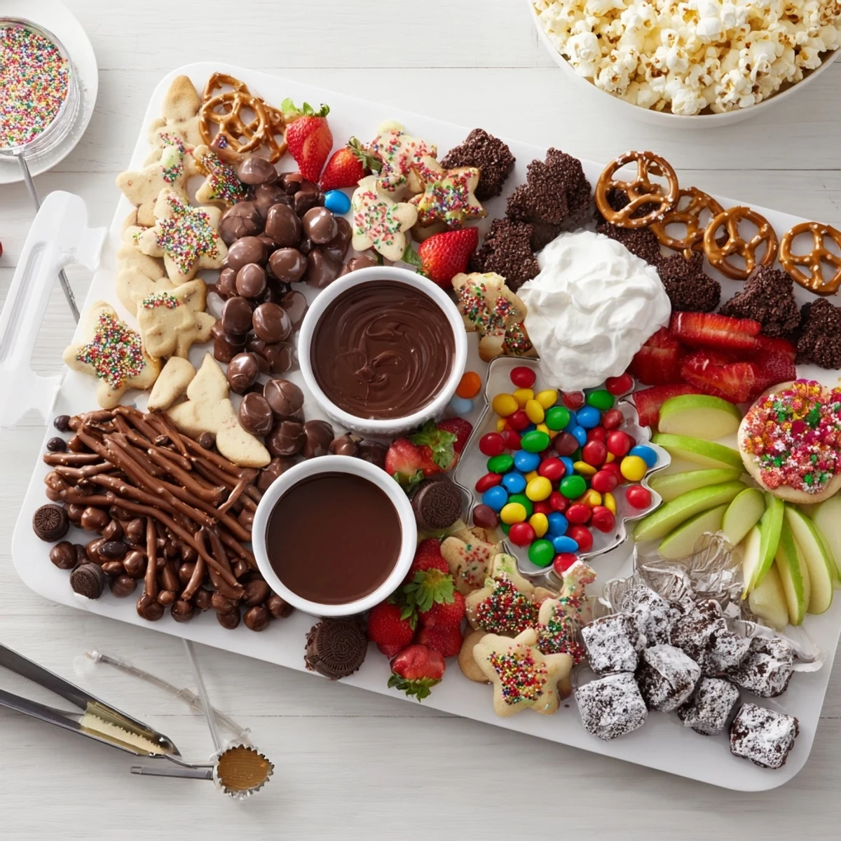 Beautifully arranged festive dessert board featuring cookies, chocolates, and fresh fruits.  