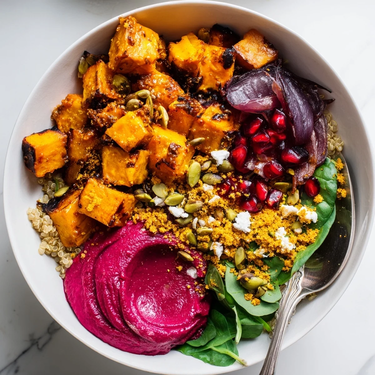 Cozy spiced winter bowls featuring roasted vegetables and creamy ube-coconut purée.  