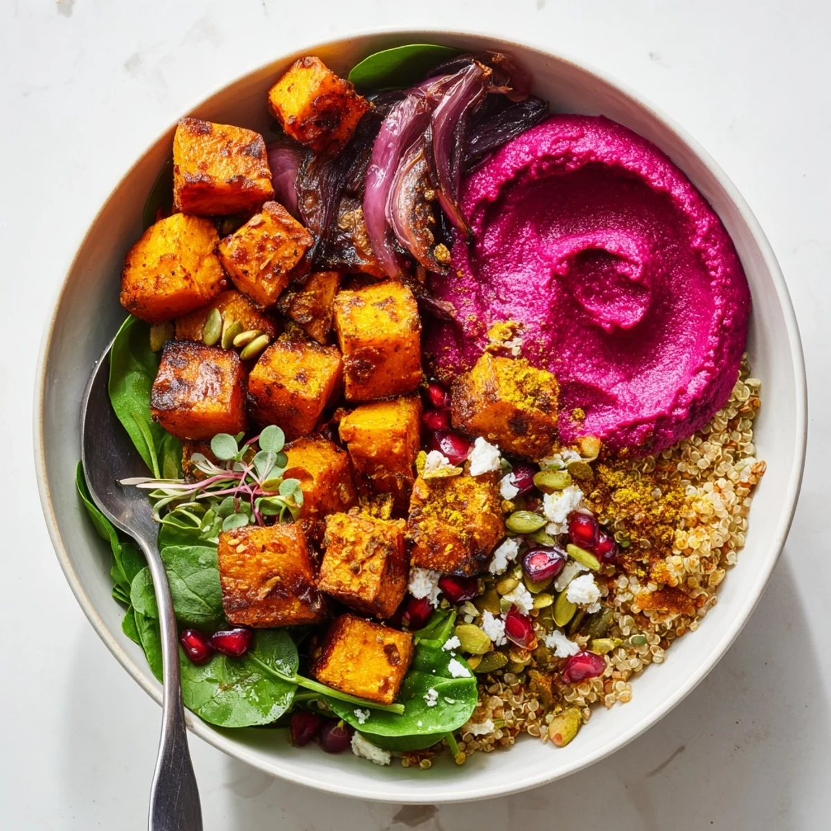 Nutrient-rich spiced winter bowls brimming with seasonal roasted veggies and flavorful toppings.