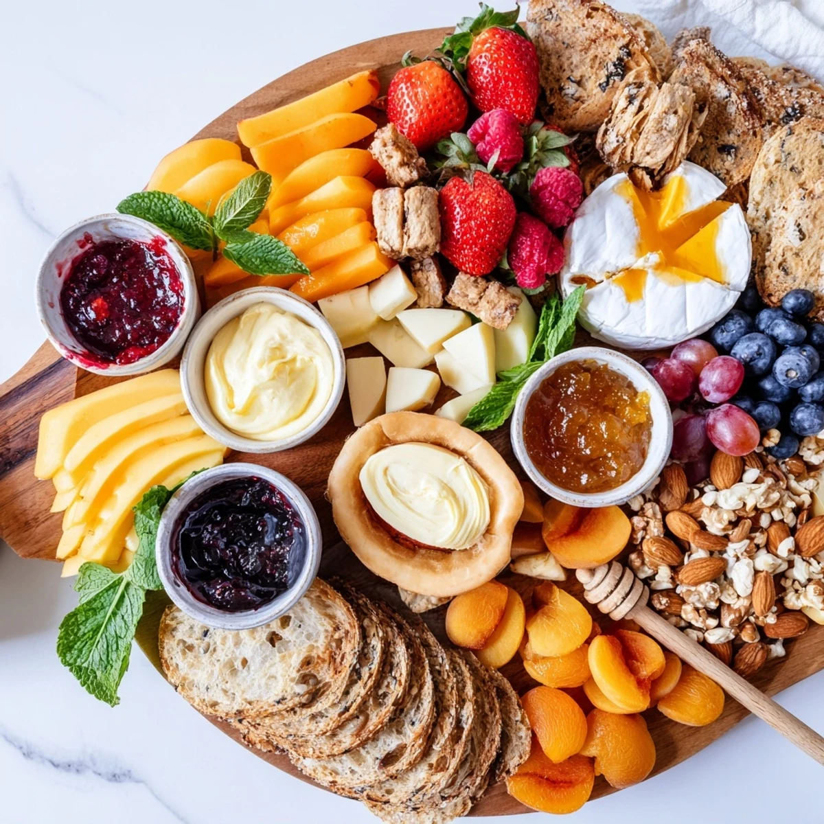 A colorful jam-infused brunch board showcasing cheeses and fresh fruits spread artfully.  
