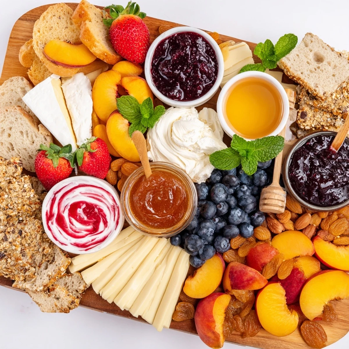Delicious jam-infused brunch board featuring creamy cheeses and sweet, fresh fruit accents.