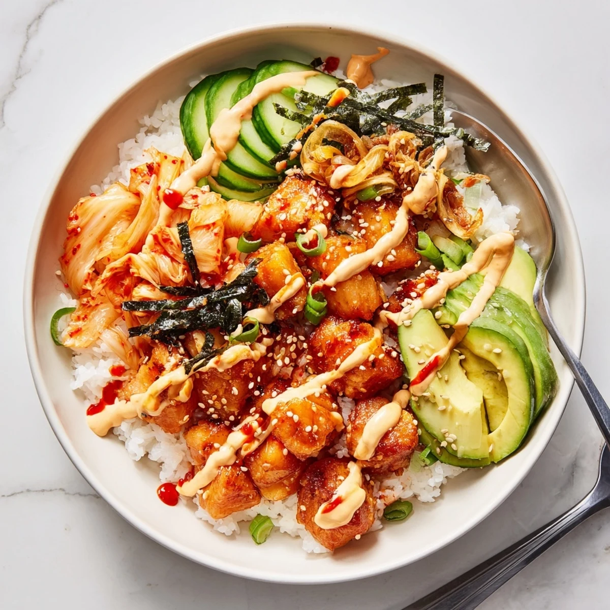Deliciously vibrant Crispy Salmon Rice Bowl with golden rice and crunchy garlic garnish.  