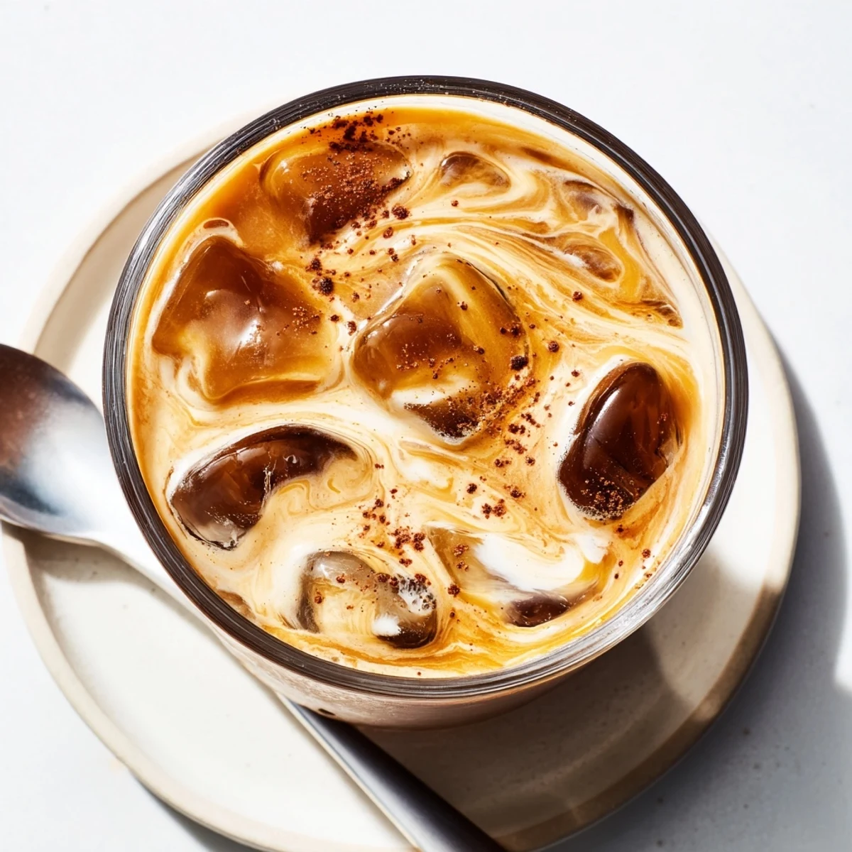 Smooth and creamy tahini iced coffee garnished with a hint of cocoa dusting.