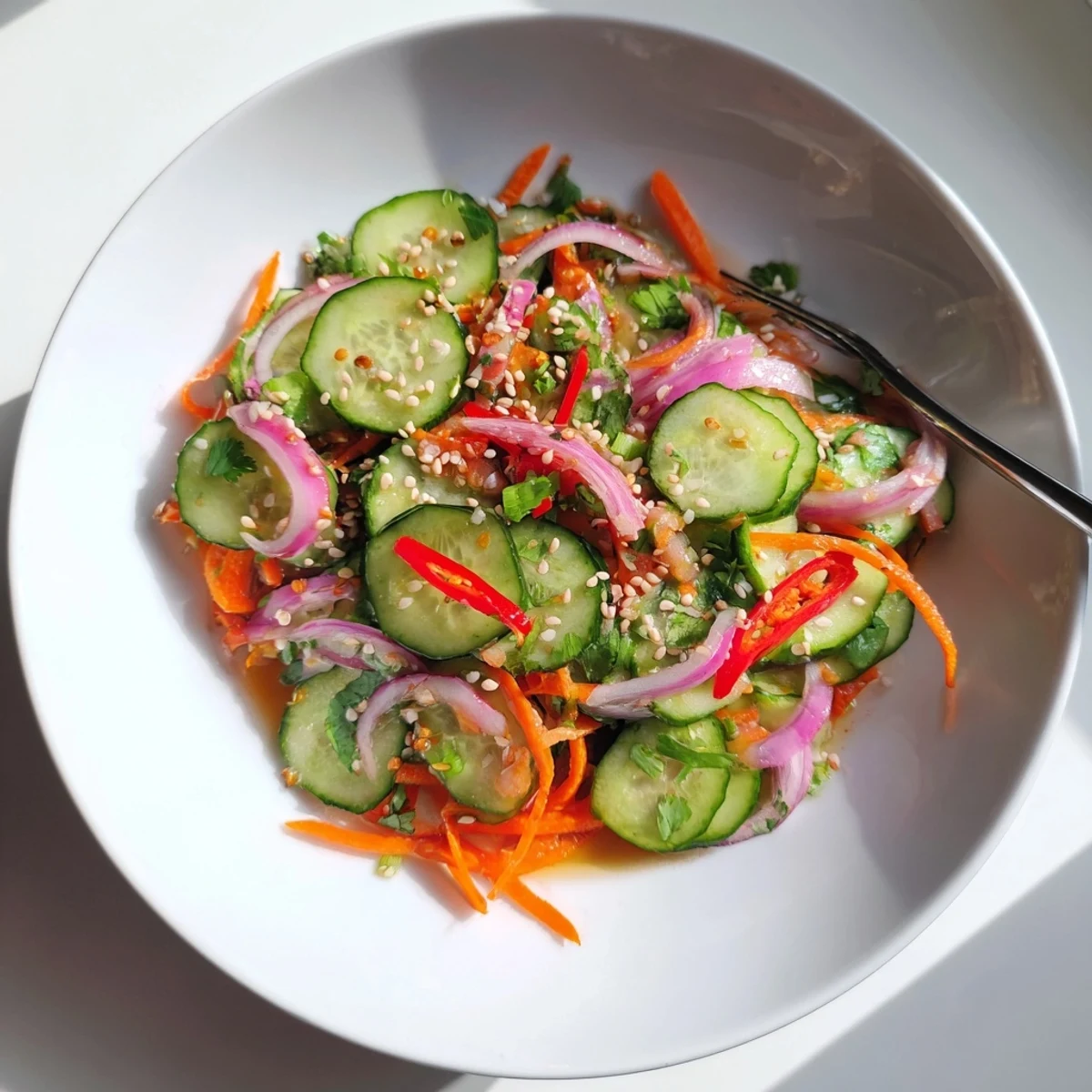 Vibrant cucumber salad remix drizzled with tangy dressing and topped with sesame seeds.  