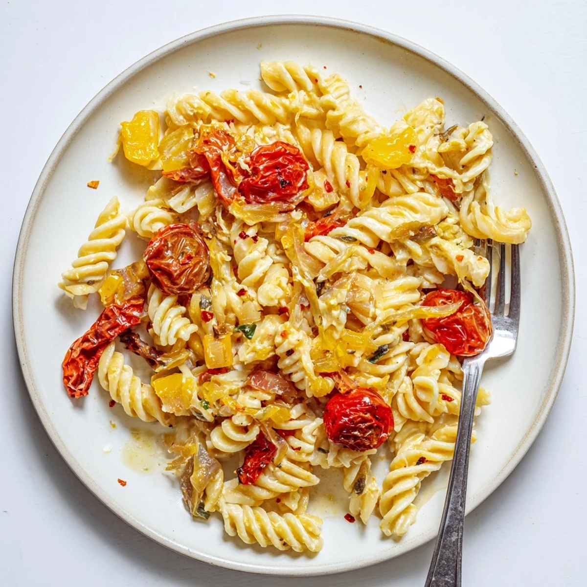 Delicious baked feta pasta served warm, featuring sun-dried tomatoes and fresh basil.