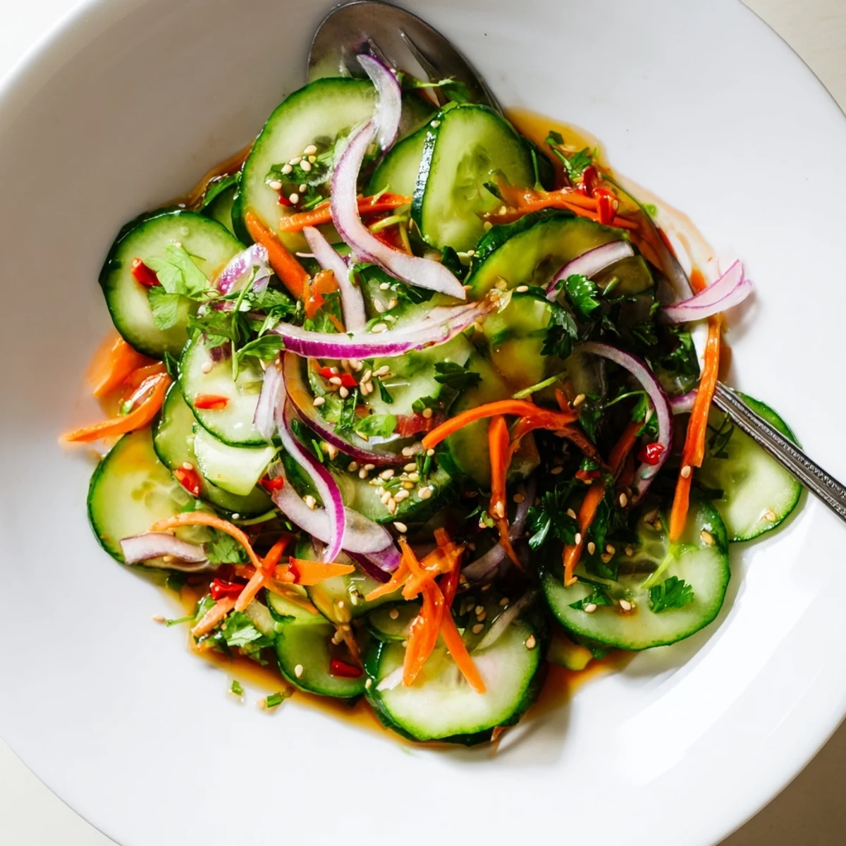 Refreshing cucumber salad remix topped with sesame seeds, perfect for summer gatherings.  