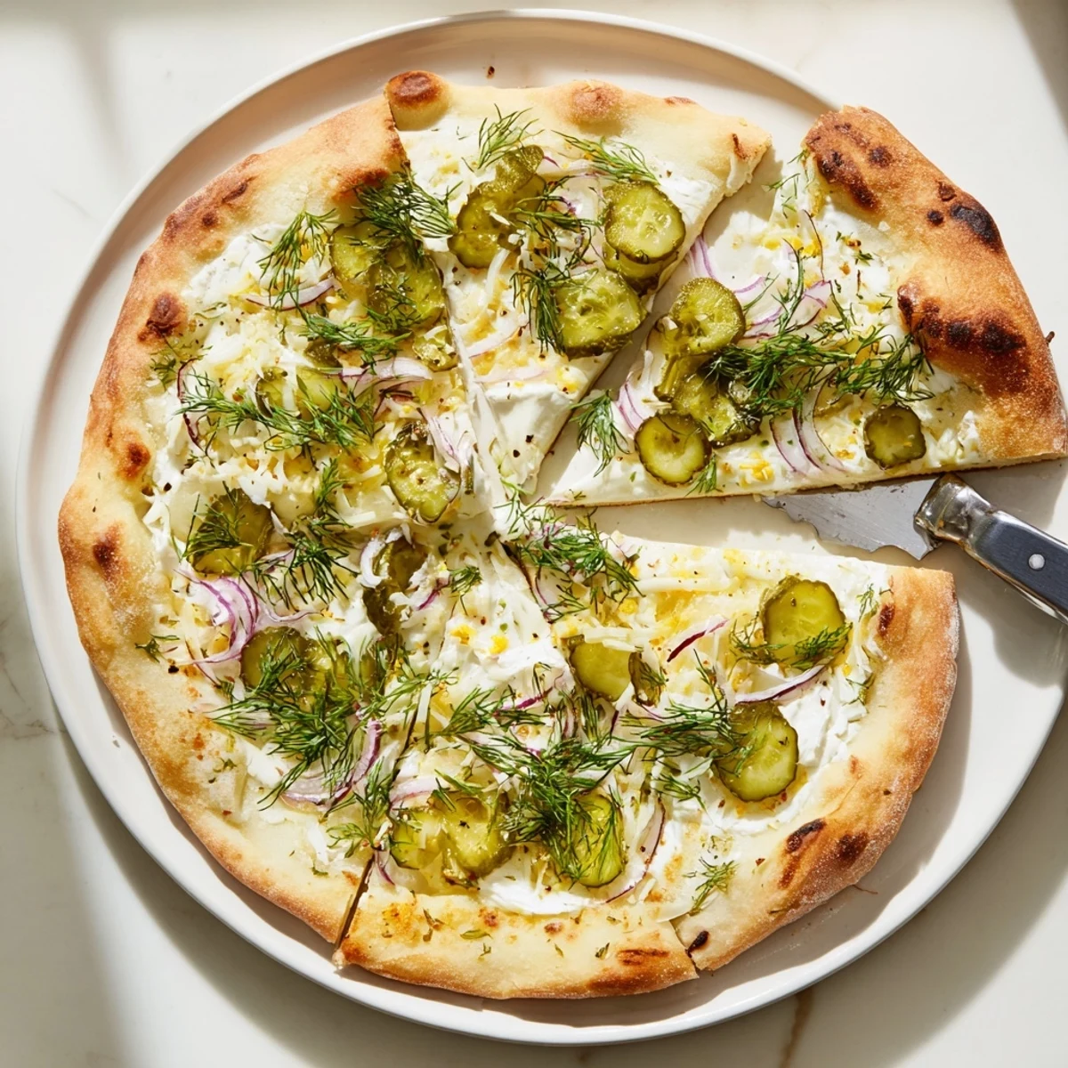 Deliciously unique Pickle Pizza, baked to perfection, ready for sharing and savoring.