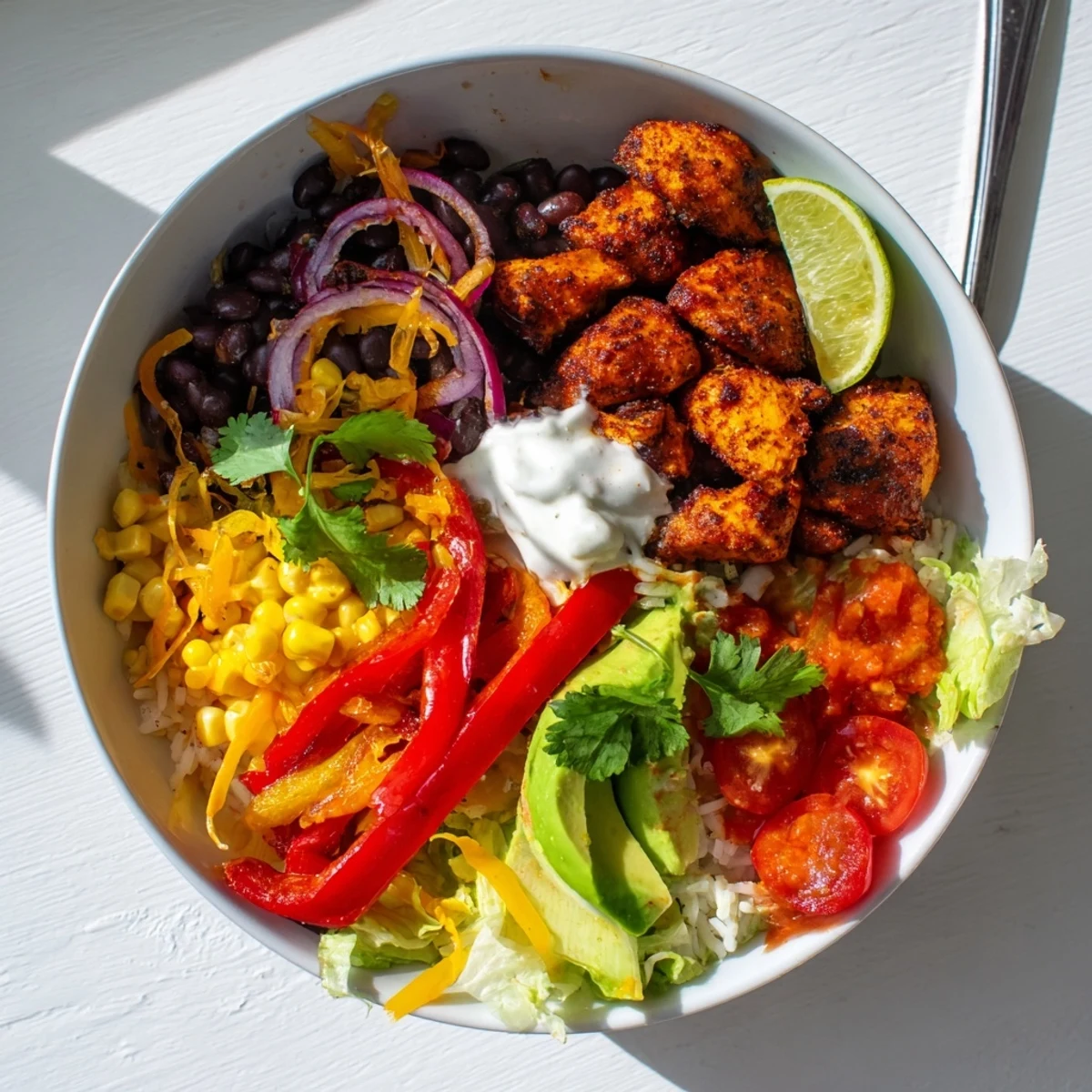 Juicy Sheet Pan Chicken Burrito Bowls topped with fresh avocado and cilantro.  