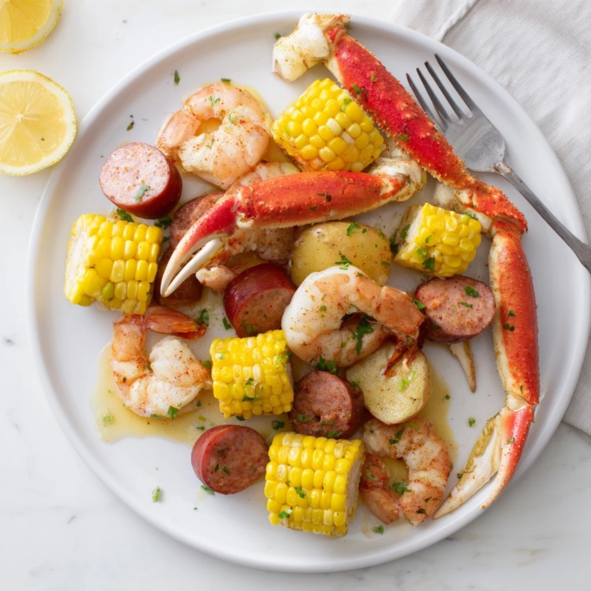 Festive seafood boil featuring crab, shrimp, sausage, potatoes, and corn.  