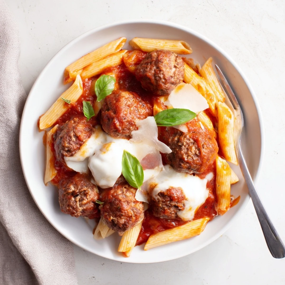 Comforting Italian meatball pasta skillet simmered in rich tomato sauce and herbs.  