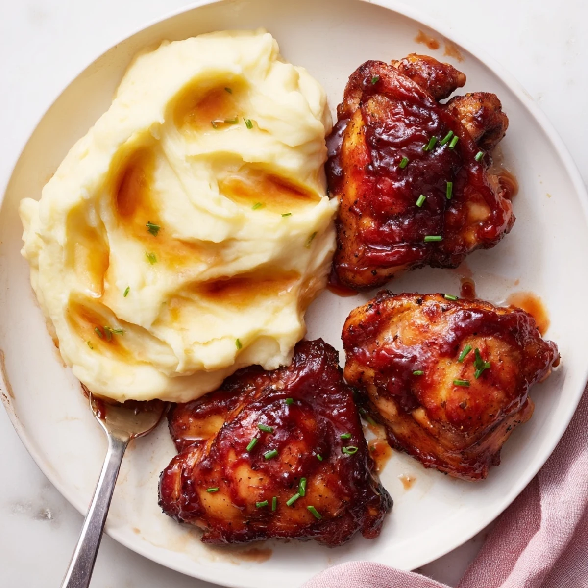 Succulent honey BBQ chicken thighs glisten with glaze beside creamy garlic mashed potatoes.  