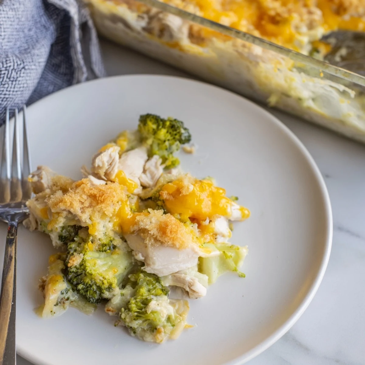 Creamy Chicken & Broccoli Cheddar Bake topped with golden panko and melted cheese.  