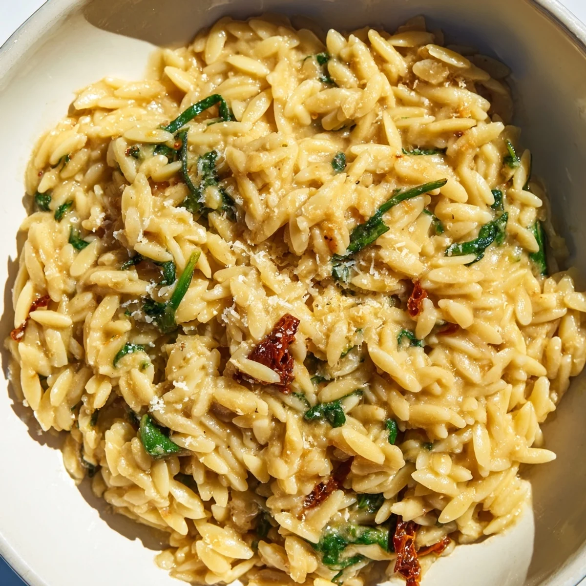 A comforting Creamy Tuscan Orzo Bowl drizzled with olive oil and topped with Parmesan.  