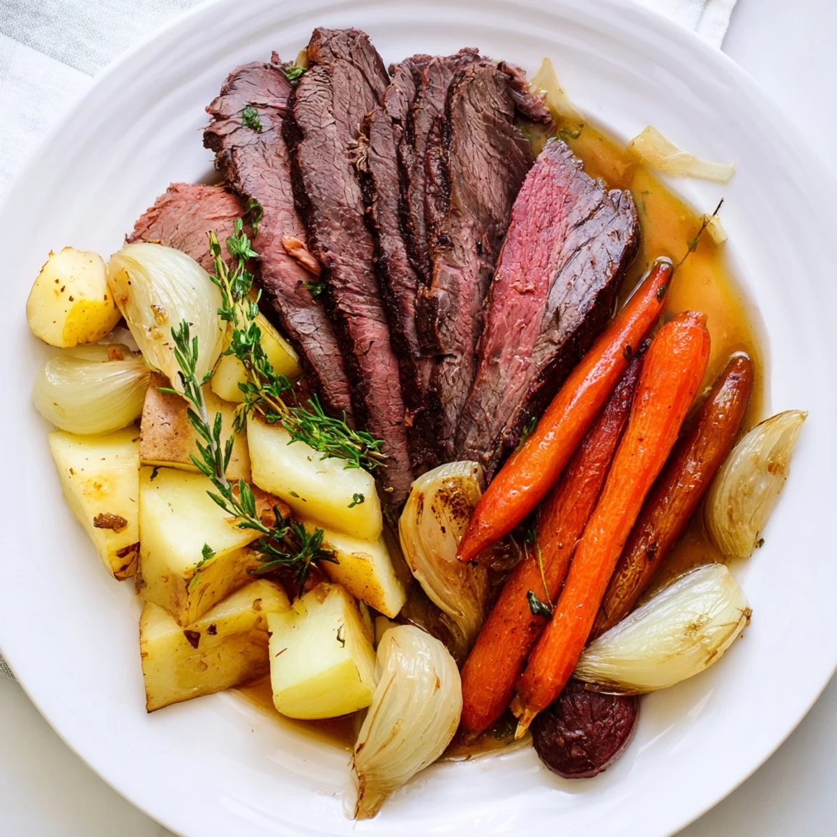 Succulent Sunday Pot Roast surrounded by vibrant roasted veggies in a Dutch oven.  