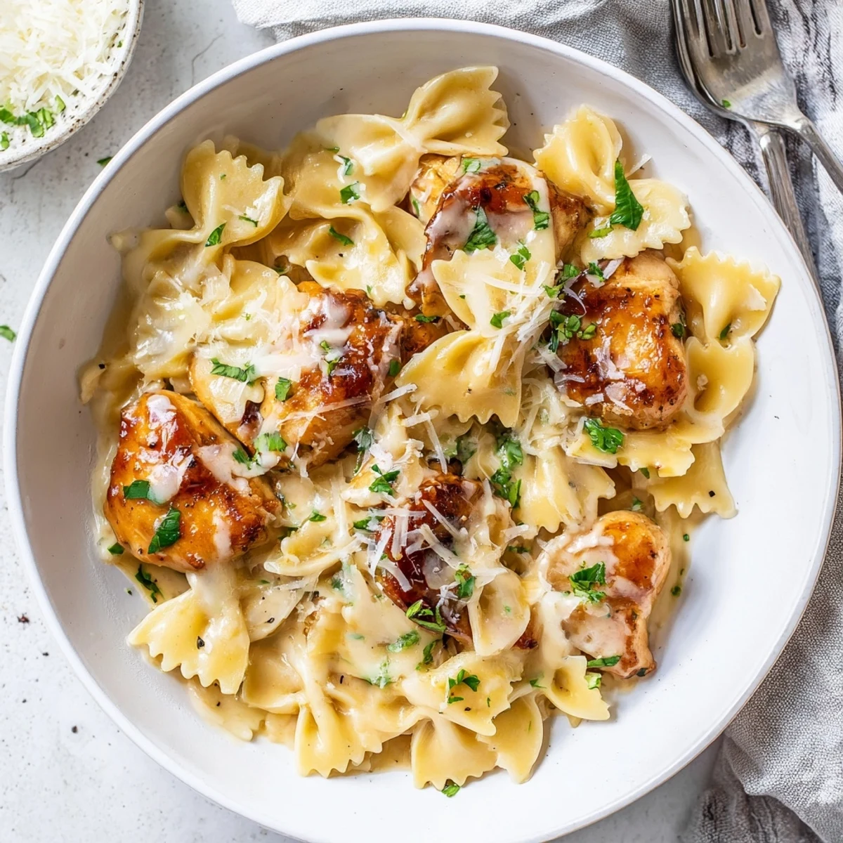 Creamy garlic butter sauce envelops tender chicken and bowtie pasta, perfect for dinner.  