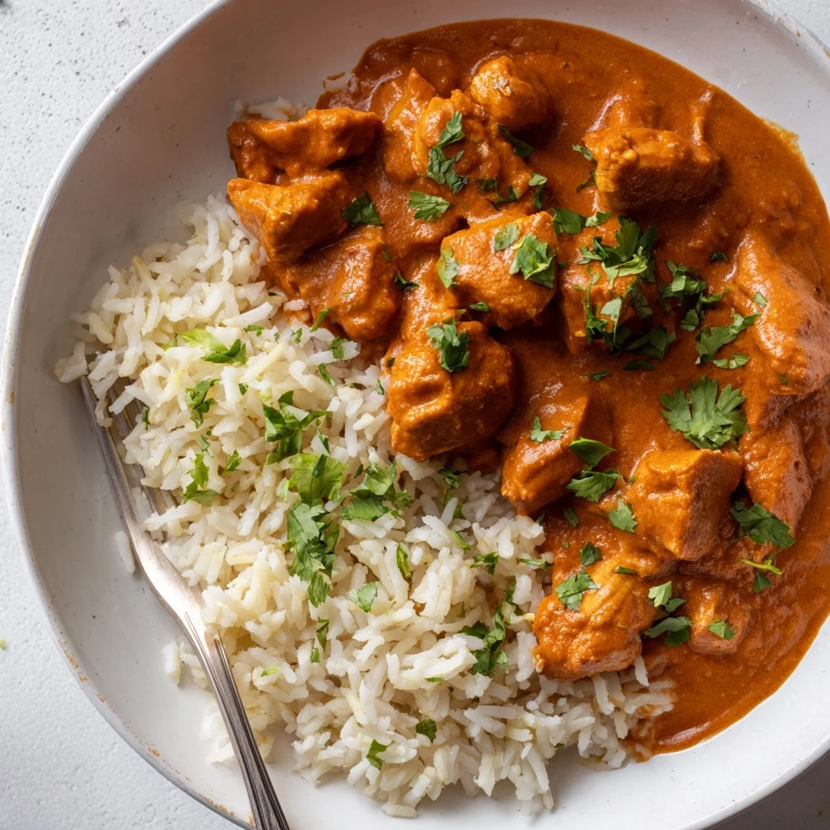 Tender butter chicken garnished with cilantro, served beside fluffy rice pilaf.  