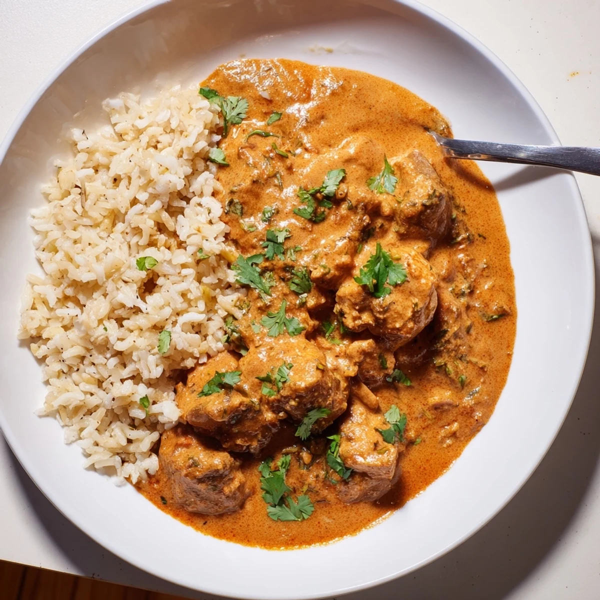 Rich butter chicken simmered with spices, elegantly presented over aromatic rice pilaf.