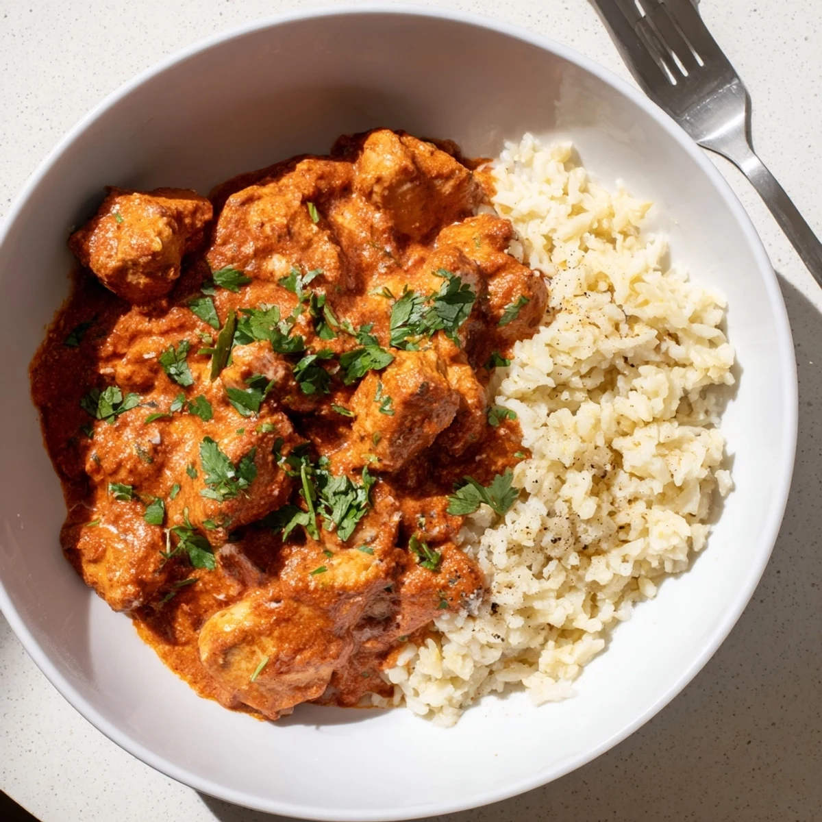 Creamy butter chicken in vibrant tomato sauce, paired with fragrant basmati rice pilaf.  