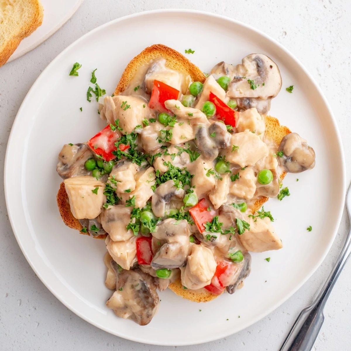Creamy Chicken à la King served over golden buttered toast, perfect for dinner.  
