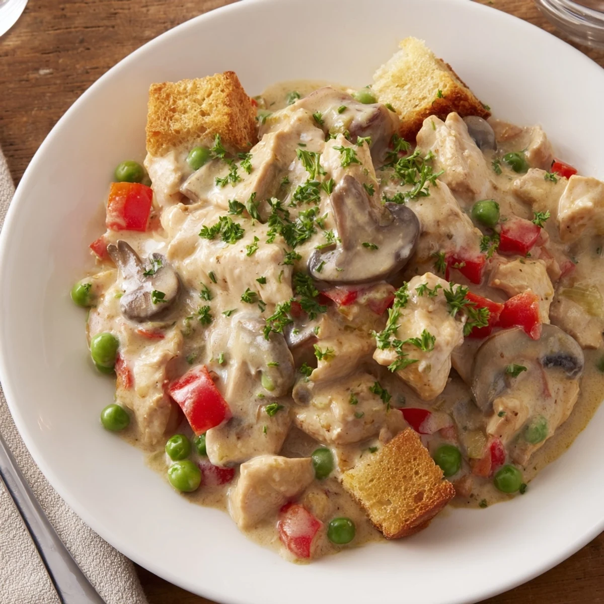 Savory Chicken à la King over toasted bread, a comforting family favorite dish.