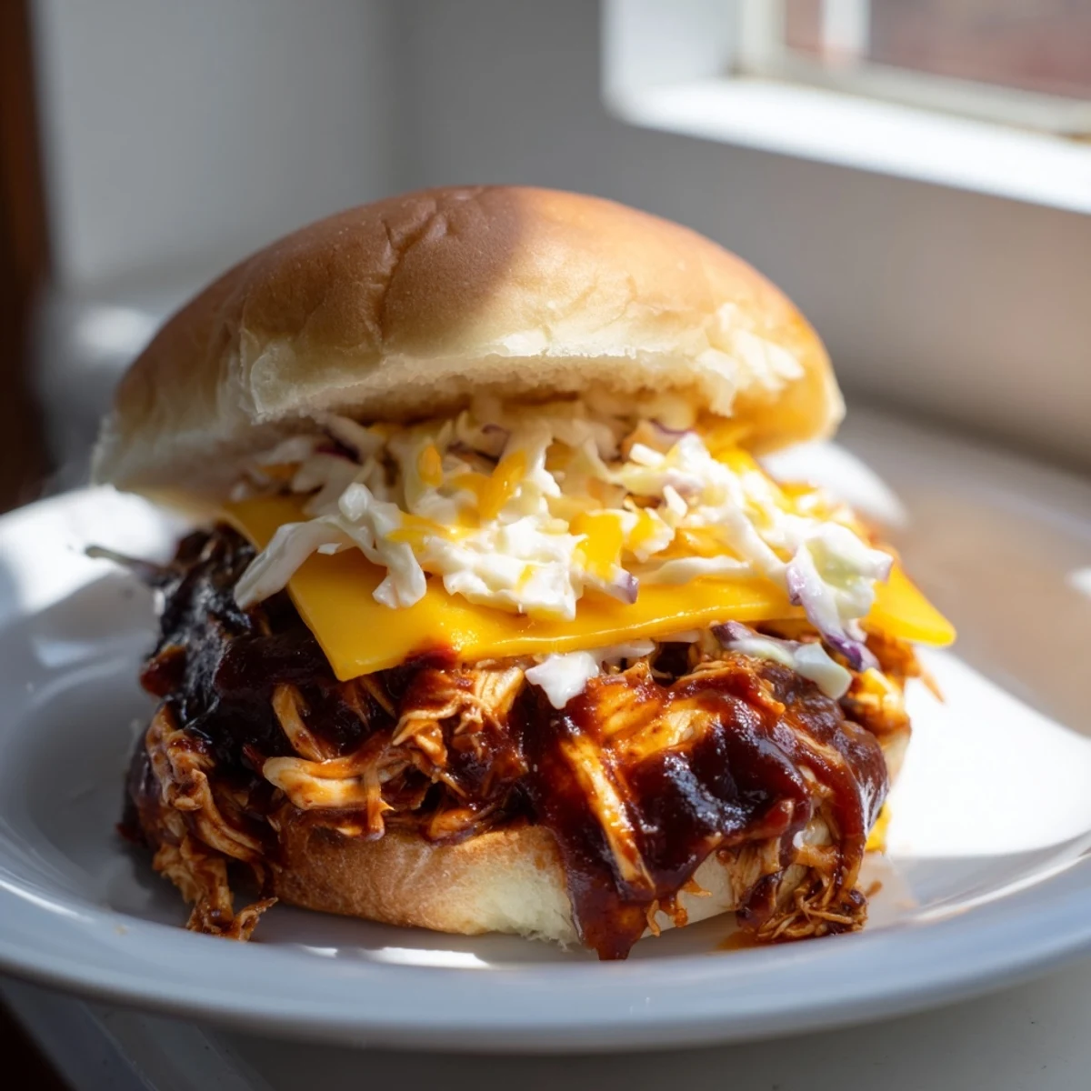 Warm BBQ Chicken Sliders on toasted buns with melted cheese, served alongside golden fries.