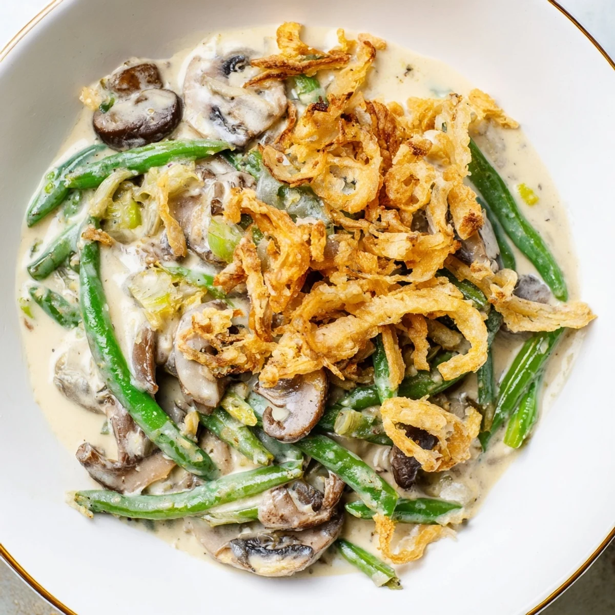 Creamy, baked Old-School Green Bean Casserole with golden crispy onions, a comforting Thanksgiving side.