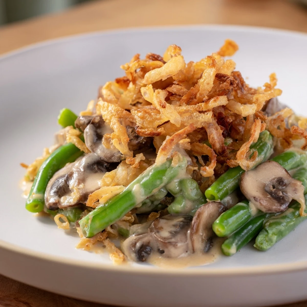 This homemade Old-School Green Bean Casserole shows off tender green beans in a rich, mushroom-based sauce.