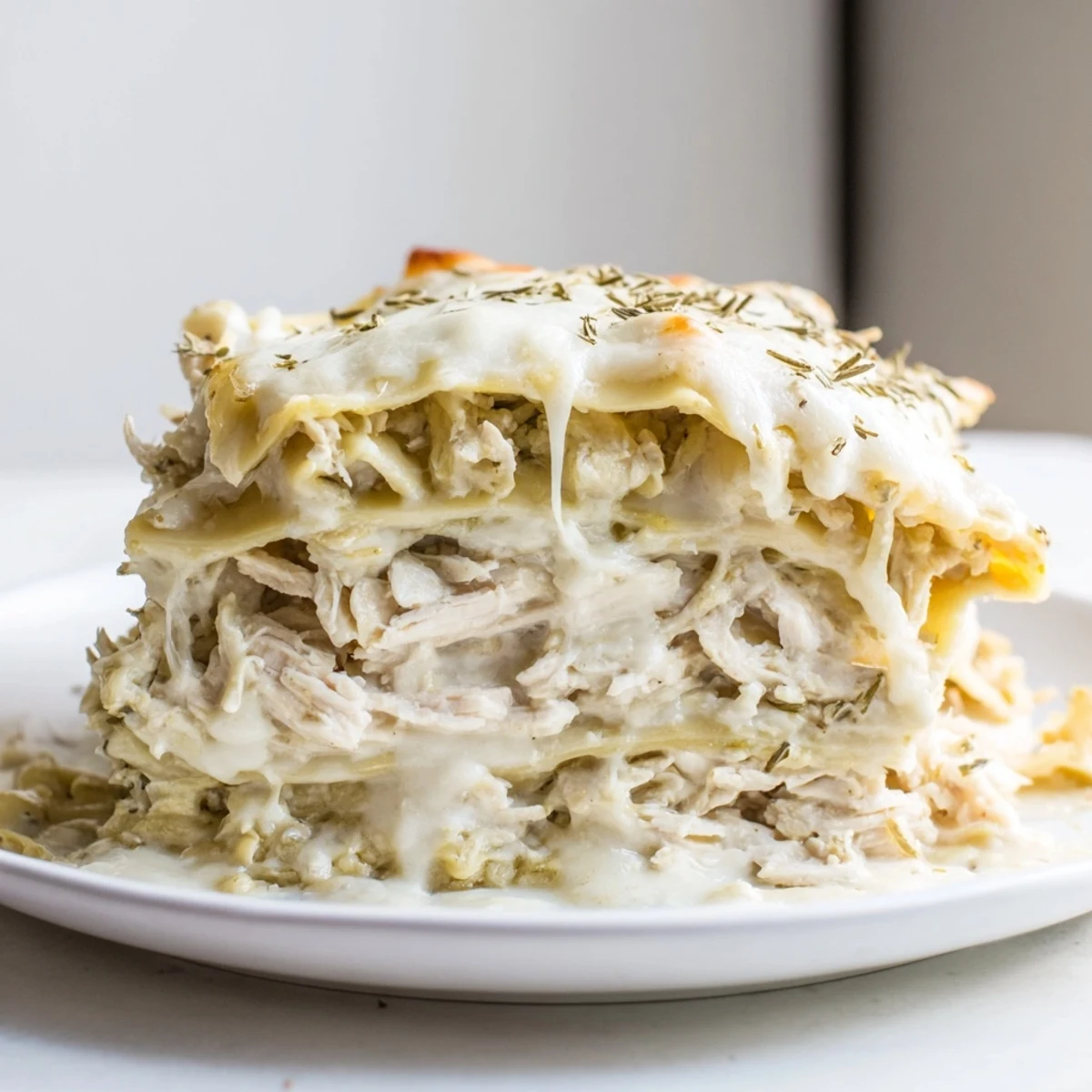 A close-up shot of steaming Rosemary Chicken Lasagna with layers of cheese and pasta.