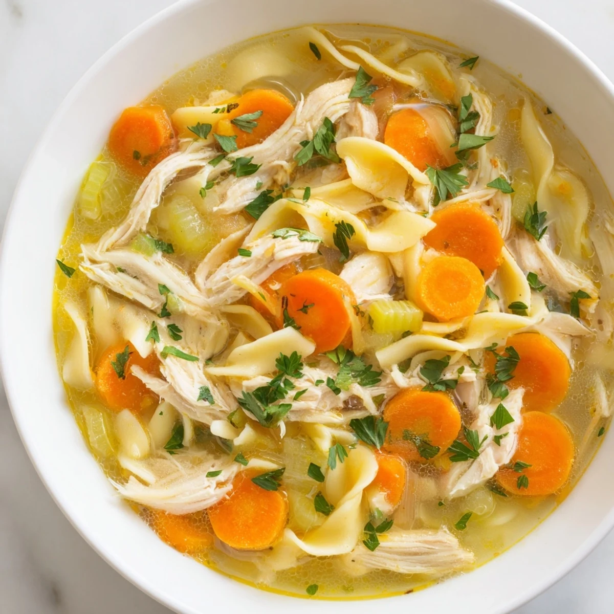 Steaming bowl of homemade chicken noodle soup, brimming with golden egg noodles and tender chicken.