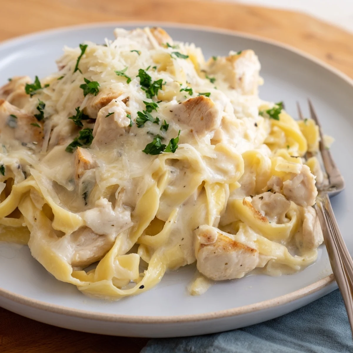 Golden, bubbly Chicken Fettuccine Alfredo Bake: imagine the cheesy, creamy aroma filling the kitchen.
