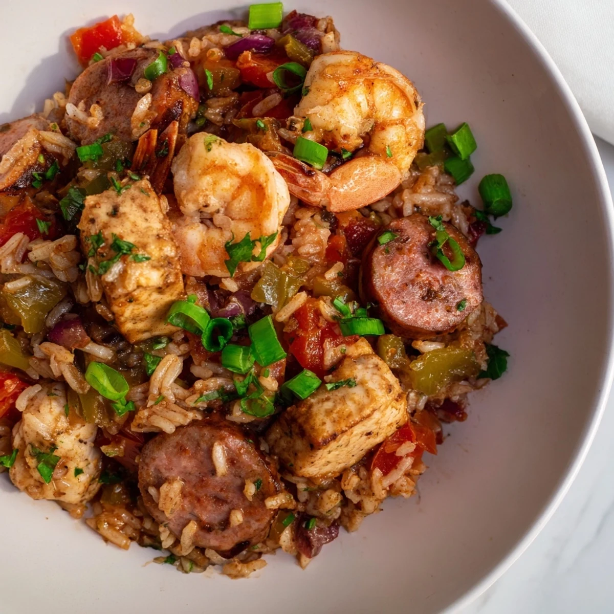 Steaming Cajun Jambalaya Rice Bowl with tender shrimp and chicken, a comforting and flavorful meal.
