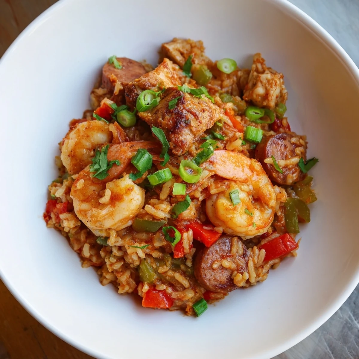 Bowl of savory Cajun Jambalaya Rice, with a rich broth, garnished with fresh herbs and green onions.