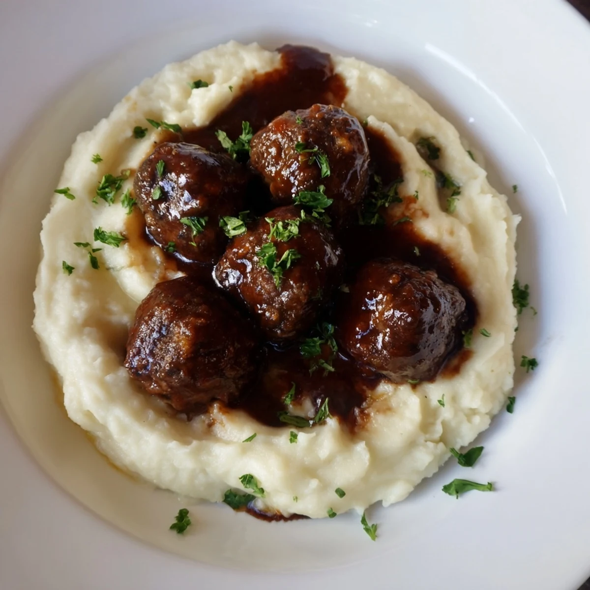 Golden-brown BBQ meatballs smothered in tangy sauce, paired with fluffy mashed potatoes, a classic comfort meal.