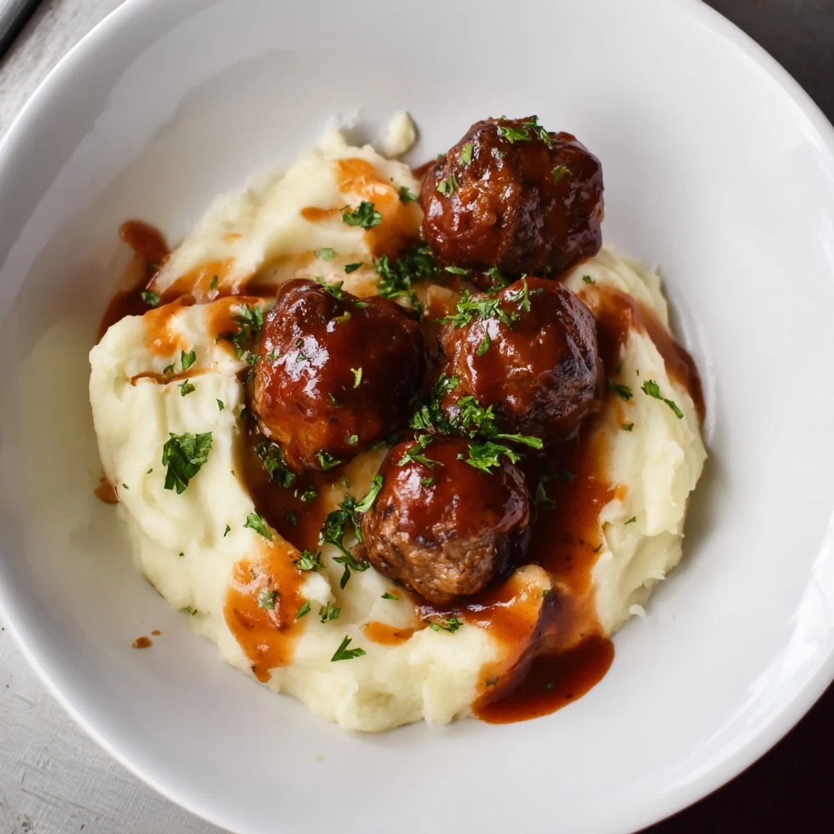 Smoky BBQ meatballs atop a bed of creamy mashed potatoes, offering a delicious family-style American dinner.