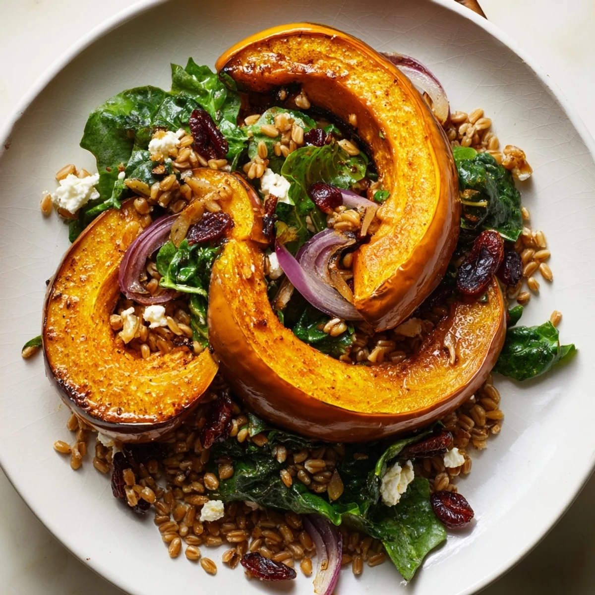 A close-up of a finished Farro & Mustard Green Salad showing the textures of the fresh ingredients.